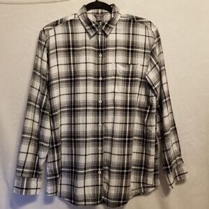 Eddie Bauer Women S Top Flannel Button Front Black White Plaid Cotton Grunge 90s